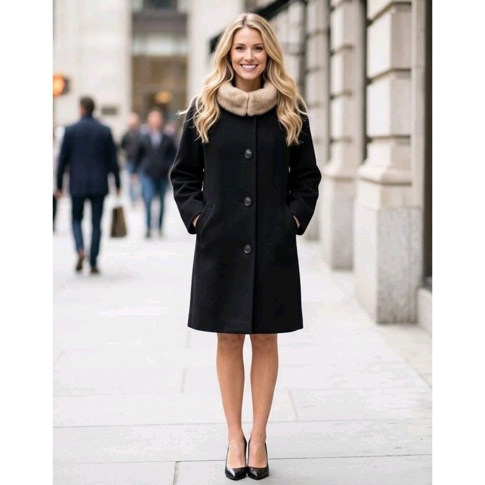Vintage 60s Kennie Original Black Wool Swing Coat Blonde Mink Fur Union Tag M